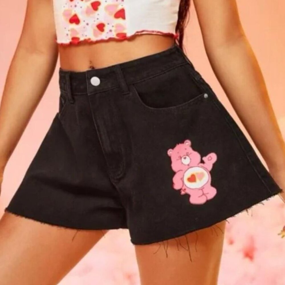 NEW Black Denim Sz Small CARE BEARS High Waisted Cut Off Jean Shorts